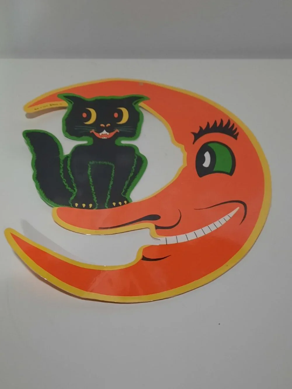 Vintage Beistle Halloween Black Cat Crescent Moon Die Cut Laminated USA